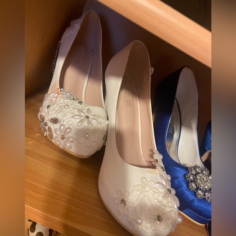 Women’s 6.5 royal blue wedding heels and fancy white wedding heels; worn 1x each